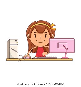 Girl working on computer, happy cute child