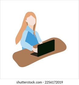 Girl working on computer icon, vector, illustration, symbol
