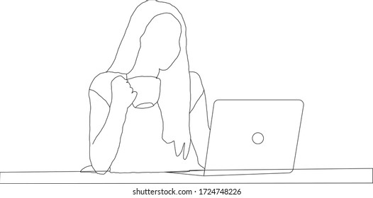 girl working on computer line art