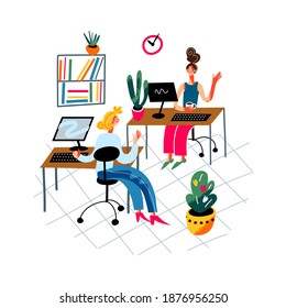 Girl working on computer in office. Young woman sitting at table with monitor, keyboard and cup of coffee. Professional workplace vector illustration. Interior design for work.