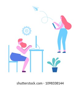 Girl working on computer. Girl sending a letter. Flat vector illustration.