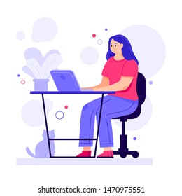 A girl working on the computer on the white background. Young woman sitting at a desk with a laptop and cute cat. Vector illustration in flat cartoon style.