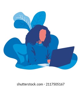 A girl working on the computer on the white background.  Vector illustration in flat cartoon style.