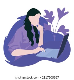 A girl working on the computer on the white background.  Vector illustration in flat cartoon style.