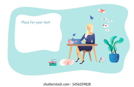 Girl working on the computer wite a cat, template for web page, site, poster, cover, with place for text