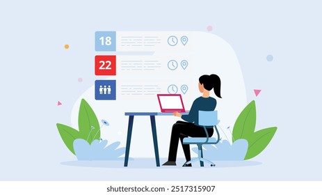 Girl working on her laptop at a desk. Flat illustration.






