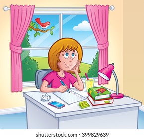 Girl Working On Homework In Her Room