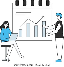 The girl is working on the laptop and the boy is looking at the bar graph.