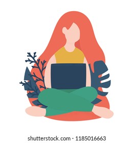 Girl working on laptop. Flat illustration. Vector isolated.