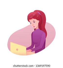Girl working on laptop flat illustrations. Businesswoman, freelancer, writer, editor using computer. Female student cartoon character doing homework. Remote job. Young busy woman isolated clipart
