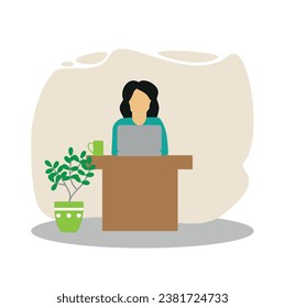 The girl is working on a laptop. Flat vector illustration. Home office.Remote work, online conference. Freelance.