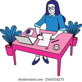 Girl working on laptop flat illustration vector landing page