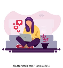 Girl Working on laptop  Freelance or studying concept. Cute illustration