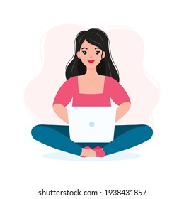 Girl Working on a Laptop, Freelancer, or Student Flat Vector Illustration