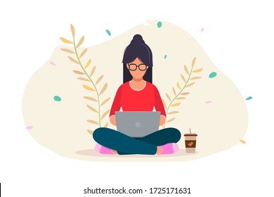 Girl working on laptop, happy woman, business woman, creative people, working at home, office workplace, study, social network, lifestyle, background