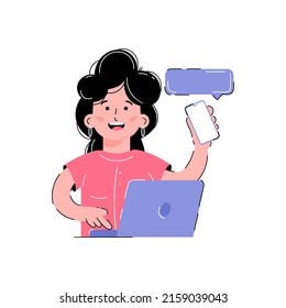 The girl is working on a laptop and holding a phone. Isolated on white background. Trendy flat vector style.