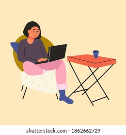 The girl  is working on laptop at home. Vector illustration. Online study, education.