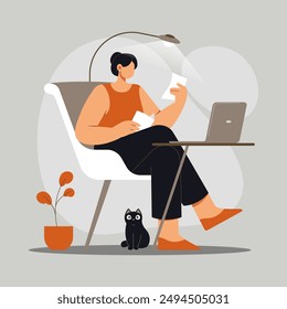 Girl Working on Laptop from Home with Cat - Stock Illustration as EPS 10 File
