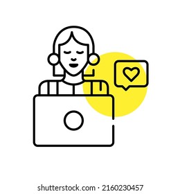Girl working on laptop with like message. SMM content manager or blogger. Pixel perfect, editable stroke line art icon.