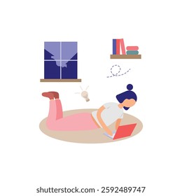 Girl Working on Laptop at Night Vector Illustration