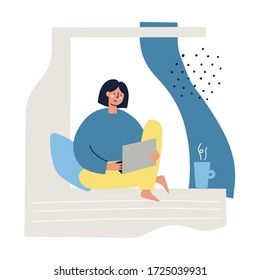 Girl working on a laptop sitting on a window. Freelance, work at home concept. Hand drawn flat vector illustration.