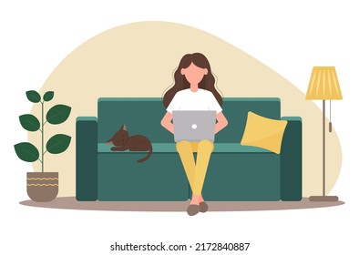 Girl working on a laptop sitting on the couch with a sleeping cat. Freelance, work from home, study. Vector illustration in flat style