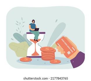 Girl working on laptop and sitting on hourglass. Human hand with credit card flat vector illustration. Time management, productivity, countdown concept for banner, website design or landing web page