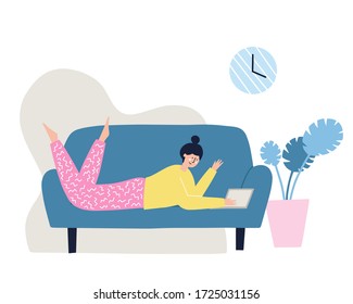 Girl working on a laptop on a sofa. Freelance, work at home concept. Hand drawn flat vector illustration.
