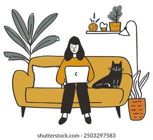 Muchacha que trabaja en el ordenador portátil en el sofá con el gato negro, escena casera acogedora y productiva - Ilustración vectorial plana