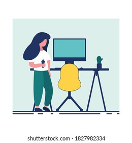 Girl Working On Laptop - Stock Vector Illustration