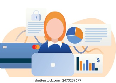 The girl is working on a laptop and there are many financial elements around her. Financial job