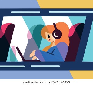 Girl working on a laptop in train