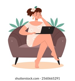 Girl working on a laptop at a tropical resort. Freelance concept. Flexible working hours. Character complete projects on vacation. 