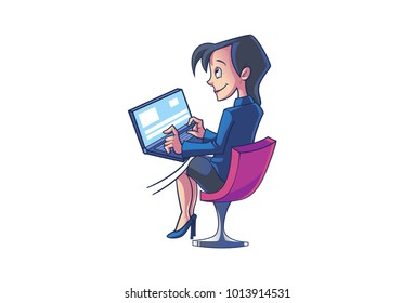 Girl working on the laptop. Vector Illustration. Isolated on white background.