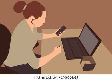 girl working on a laptop. vector illustration