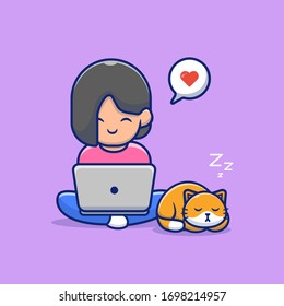 Girl Working On Laptop Vector Icon Illustration. Work From Home Mascot Cartoon Character. People Icon Concept Isolated. Flat Cartoon Style Suitable for Web Landing Page, Banner, Flyer, Sticker, Card