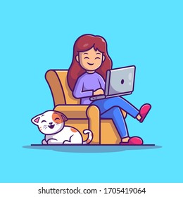 Girl Working On Laptop Vector Icon Illustration. Work From Home Mascot Cartoon Character. People Icon Concept Isolated. Flat Cartoon Style Suitable for Web Landing Page, Banner, Flyer, Sticker, Card