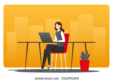 Girl working on laptop. Vector illustration. 