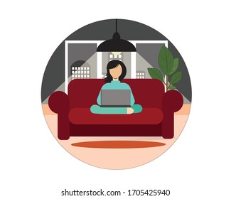 Girl working on a laptop while sitting at home on the couch (sofa). Vector illustration. Icon.