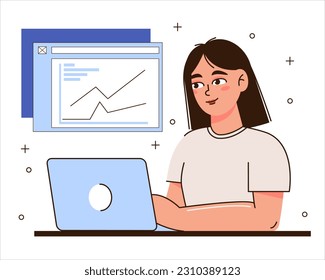 The girl is working on a laptop. Work online or freelance. Flat style. Suitable for image work, office, hiring staff. Vector illustration.