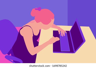 Girl working on a laptop. Workplace. Vector colorful illustration.