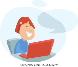 Girl working on a red laptop, illustration, vector on a white background.