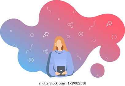 Girl working on tablet. Elements on background pink and blue
