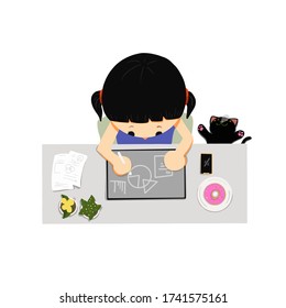 girl working on tablet at home, girl study on tablet at home, work from home