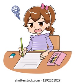 A girl is working on the test. She can not understand the questions.