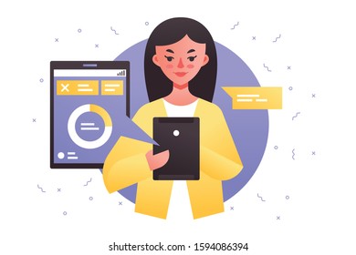 Girl working on touchscreen tablet vector illustration. Screen with many tasks flat style design. Woman using modern method for work. Technology and business concept