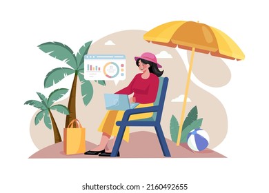 Girl working on vacation Illustration concept. Flat illustration isolated on white background