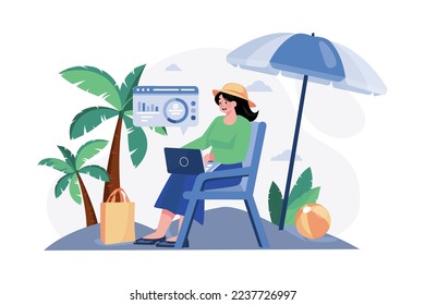 Girl Working On Vacation Illustration concept. A flat illustration isolated on white background