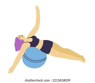 Girl working out and doing exercises for healthy life and fat burning. Isolated female character on fitness ball stretching arms and growing muscles. Woman in gym or home. Vector in flat style