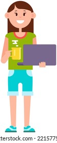 Girl working remotely with computer. Freelance or internet job concept. Person stands with laptop, viewing information on website, studying courses online, freelancer works with electronic device
